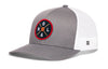 Gray basketball trucker hat with white mesh back and red round logo patch