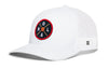 White basketball trucker hat with red round logo patch and mesh back