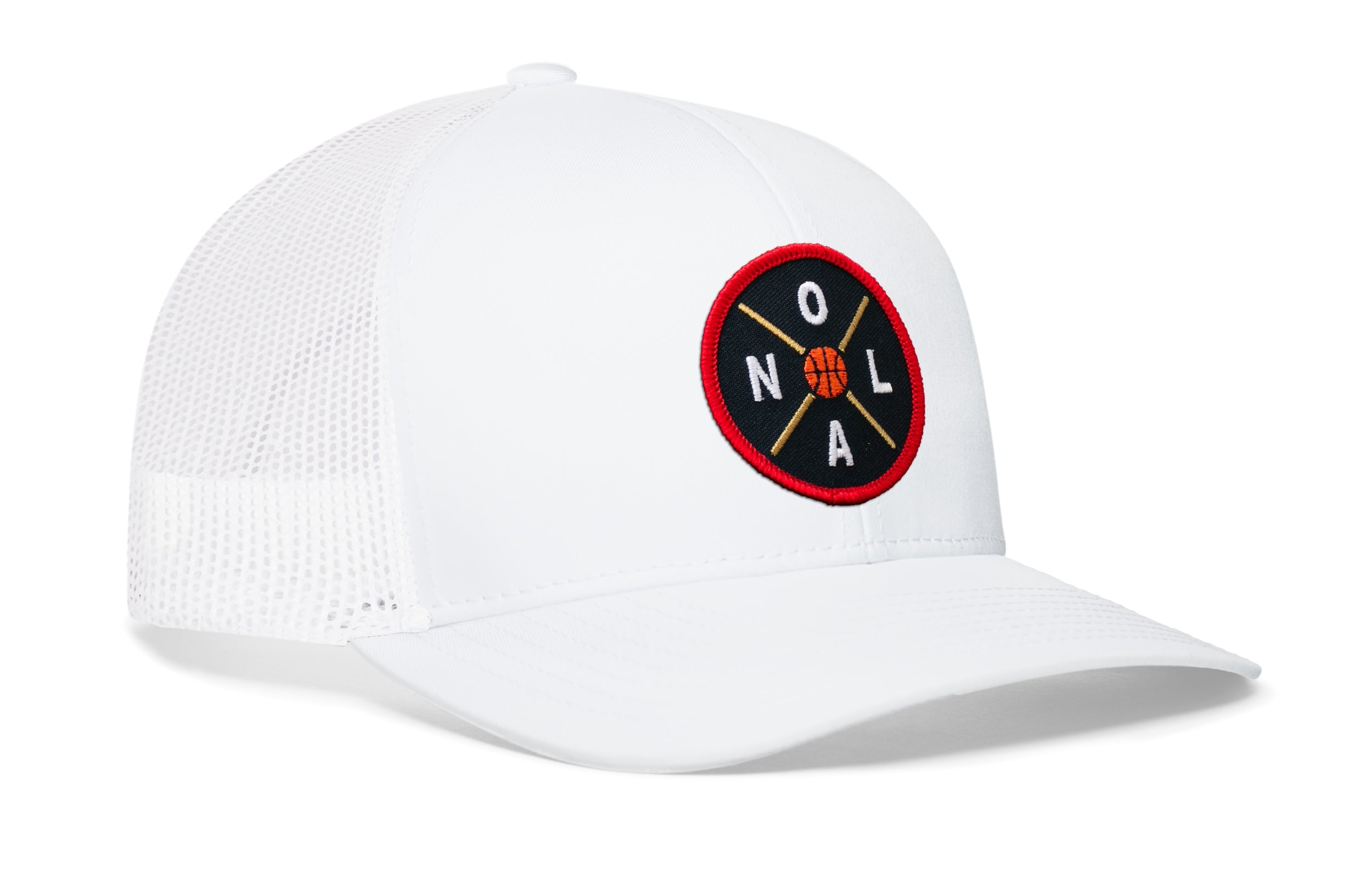 White basketball trucker hat, side view, red logo patch and mesh back