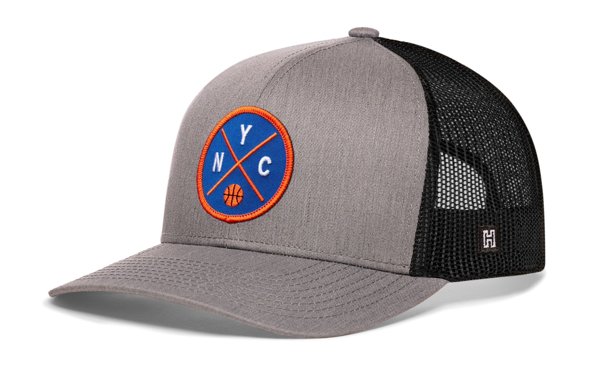 Gray front basketball trucker cap with black mesh back, blue-and-orange NYC patch