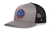 Gray front basketball trucker cap with black mesh back, blue-and-orange NYC patch