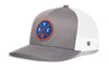 Gray front basketball trucker cap with white mesh back, blue-and-orange NYC patch