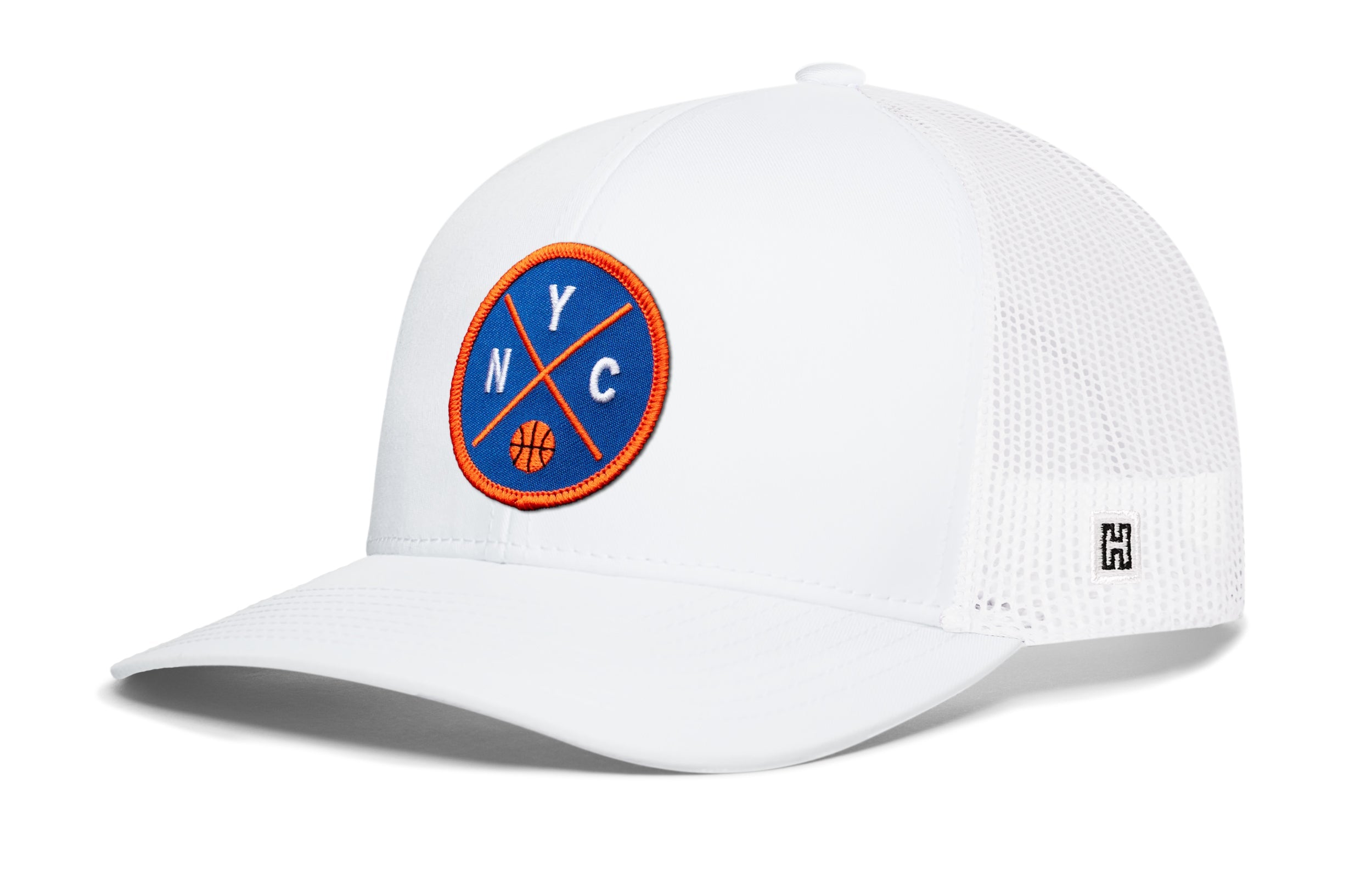 White basketball trucker cap with blue-and-orange NYC patch, mesh back and curved brim