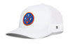 White basketball trucker cap with blue-and-orange NYC patch, mesh back and curved brim