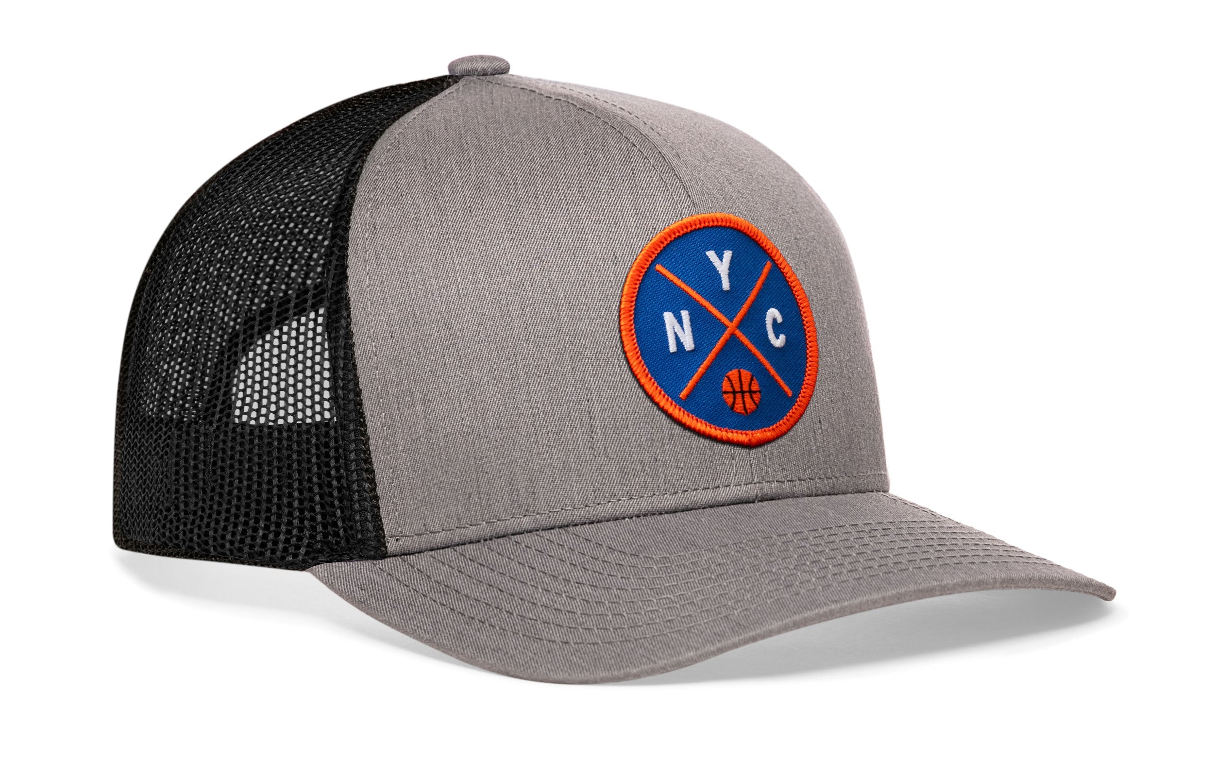 Gray front basketball trucker cap with black mesh back, blue-and-orange NYC patch
