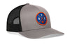 Gray front basketball trucker cap with black mesh back, blue-and-orange NYC patch