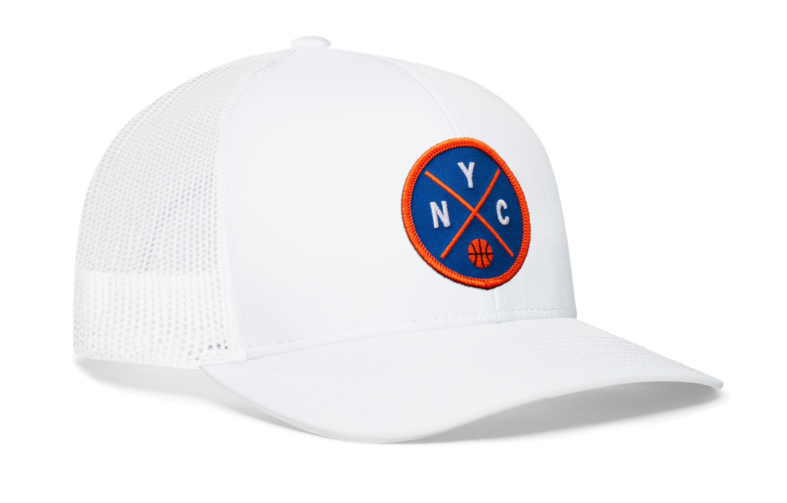 White basketball trucker cap with blue-and-orange NYC patch, mesh back and curved brim