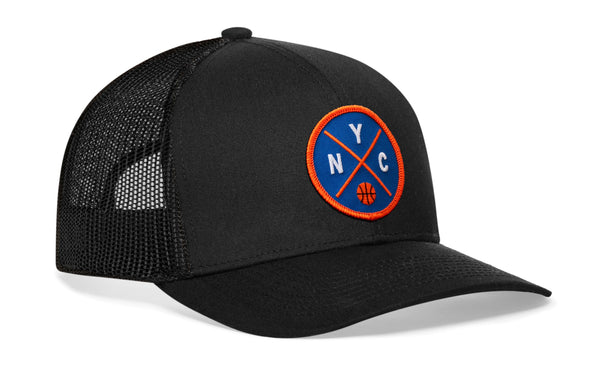 Black basketball trucker cap with blue-and-orange NYC patch, mesh back and curved brim