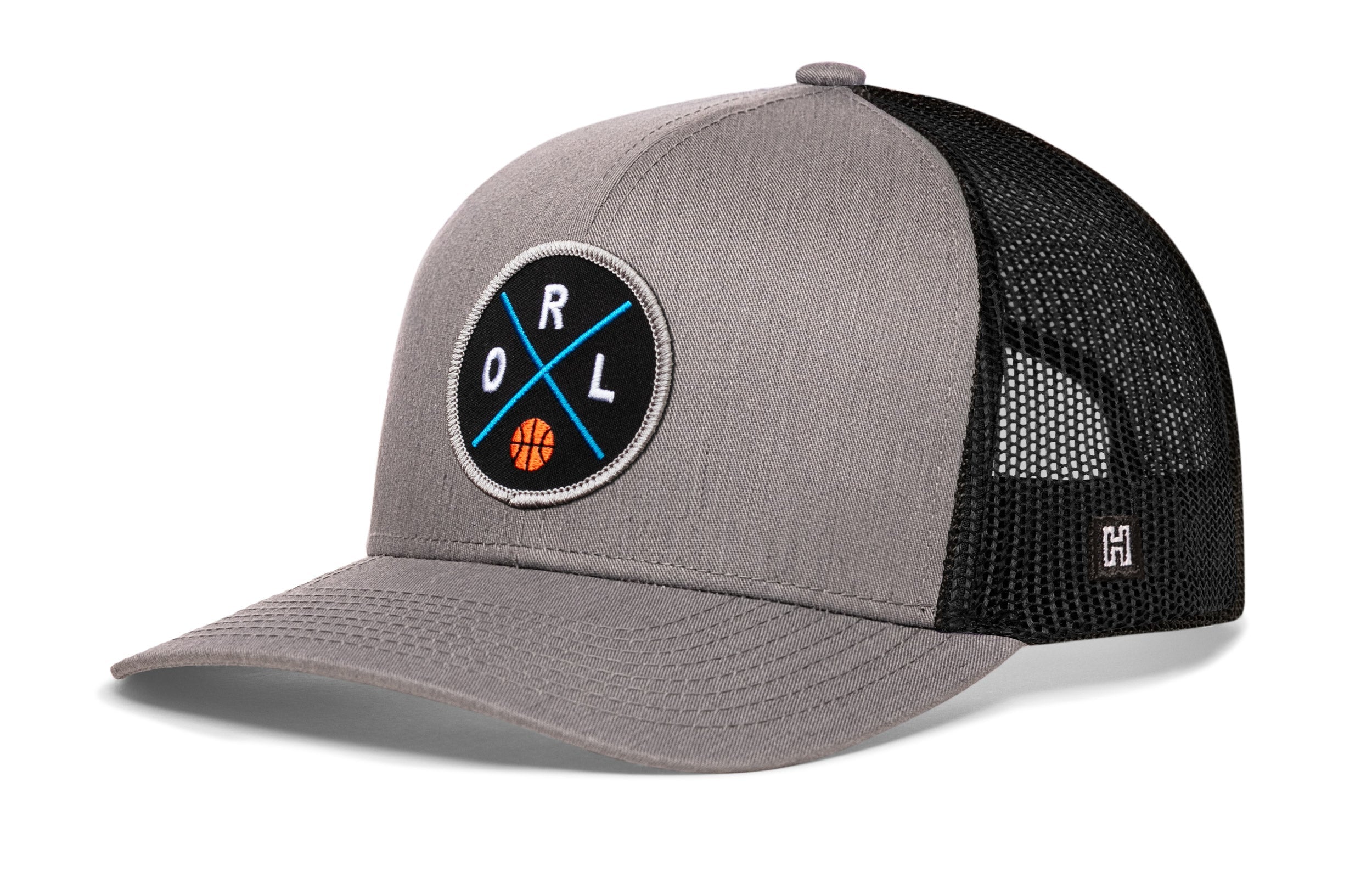 Gray and black trucker hat with RL front logo patch and black mesh side panels.