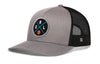 Gray and black trucker hat with RL front logo patch and black mesh side panels.