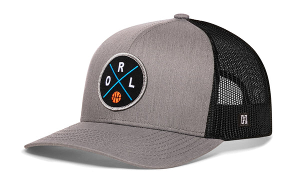 Gray and black trucker hat with RL front logo patch and black mesh side panels.