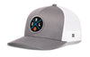 Gray-and-white trucker hat with RL front logo patch and small H side tag.