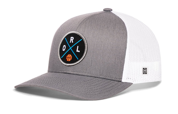 Gray-and-white trucker hat with RL front logo patch and small H side tag.