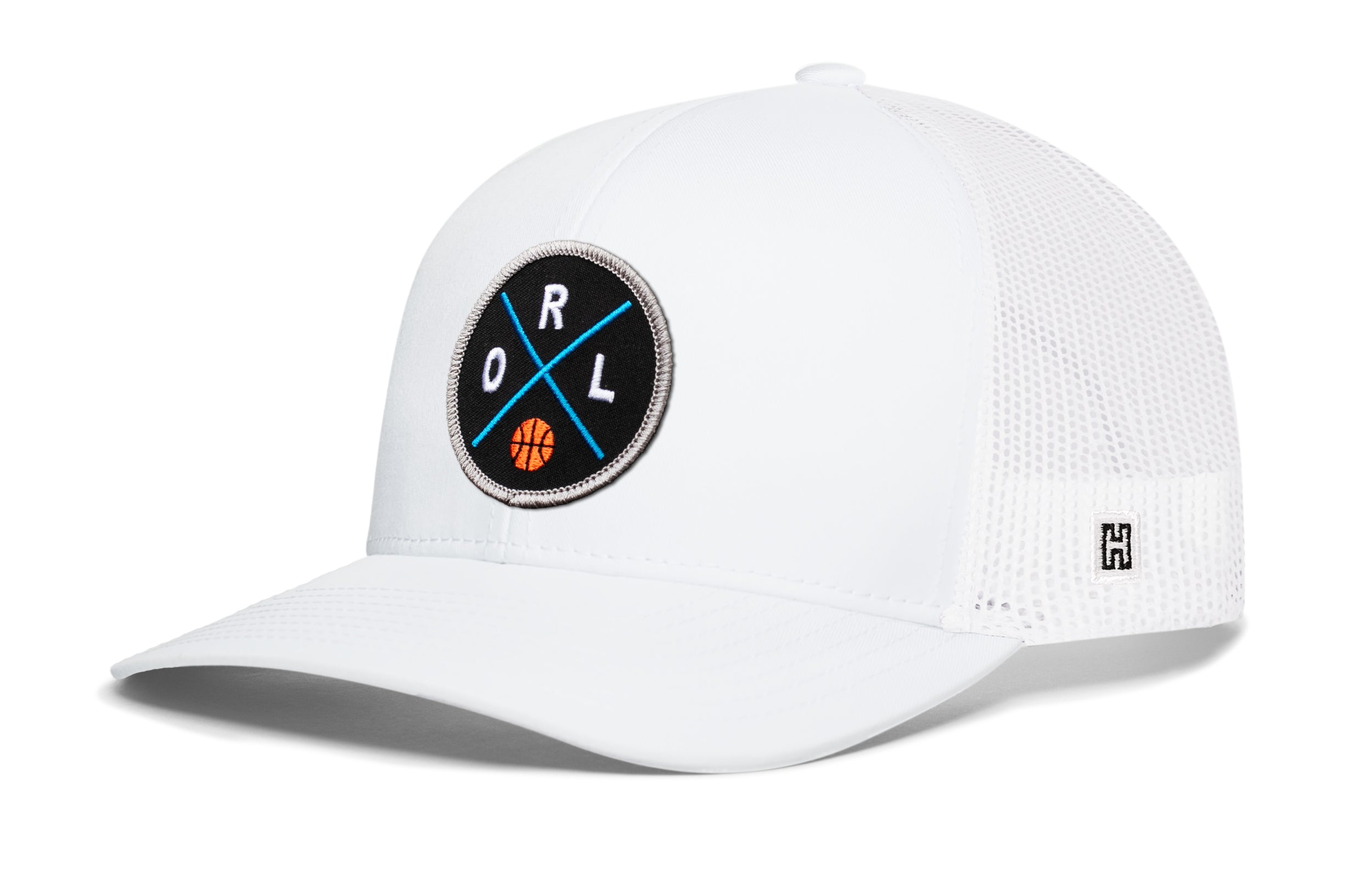White snapback trucker hat with RL front logo patch and small H side tag.