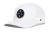 White snapback trucker hat with RL front logo patch and small H side tag.