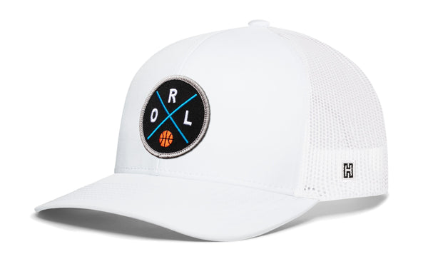 White snapback trucker hat with RL front logo patch and small H side tag.