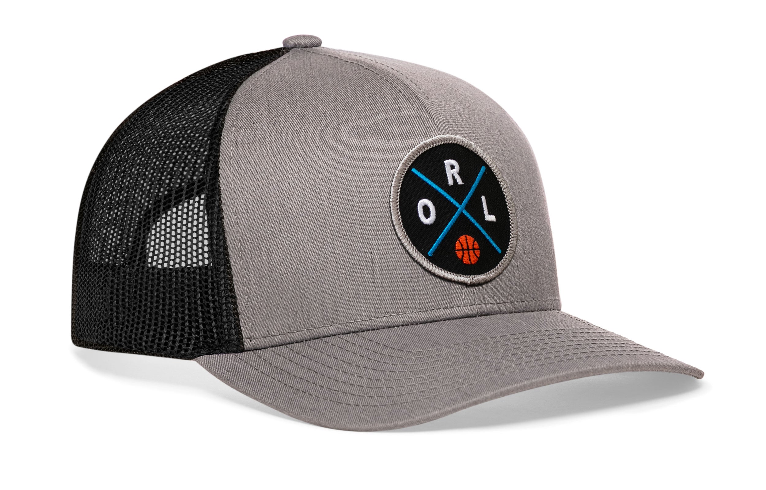 Gray-and-black trucker hat with circular RL logo patch on front; curved brim.