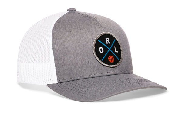 Gray-and-white trucker hat with front RL logo patch and gray mesh back panels.
