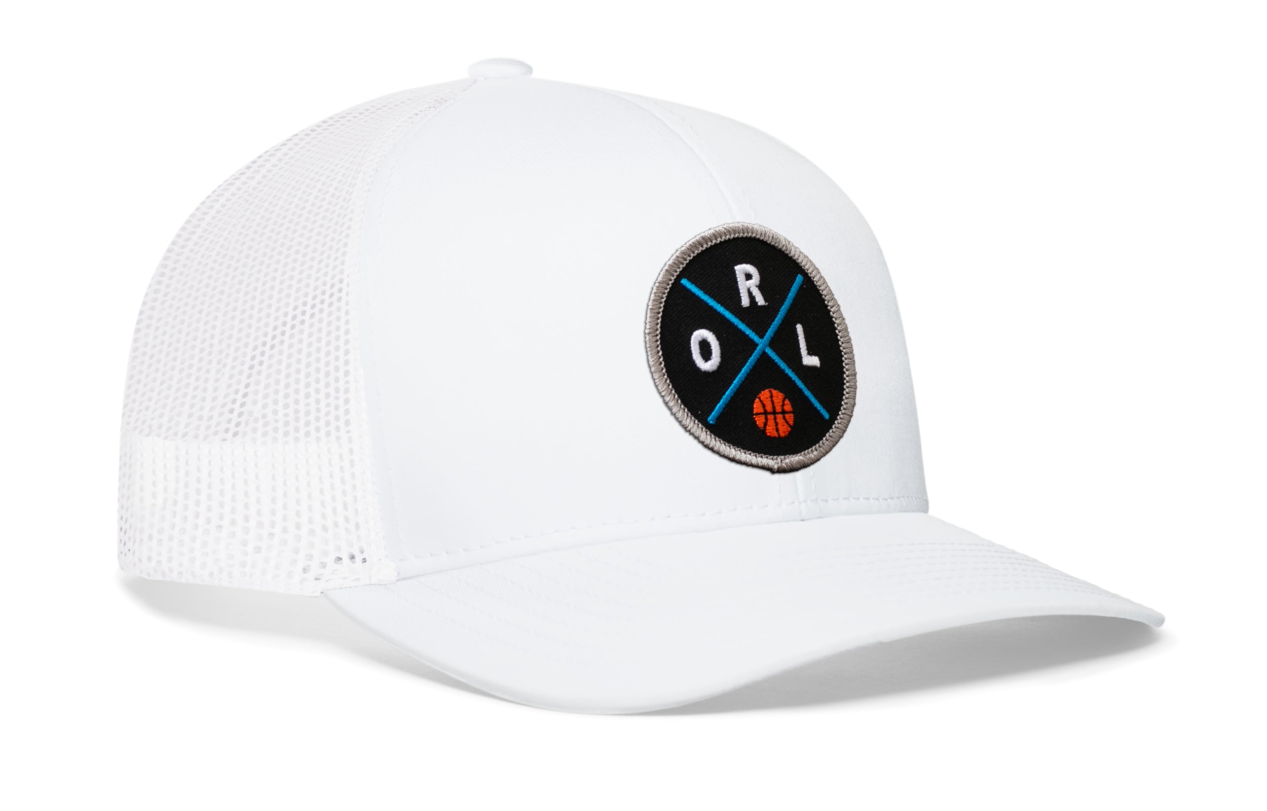 White trucker hat with circular RL logo patch on front; white mesh back panels.