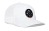 White trucker hat with circular RL logo patch on front; white mesh back panels.
