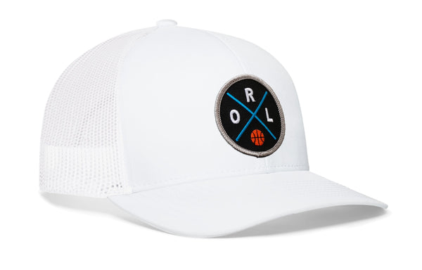 White trucker hat with circular RL logo patch on front; white mesh back panels.