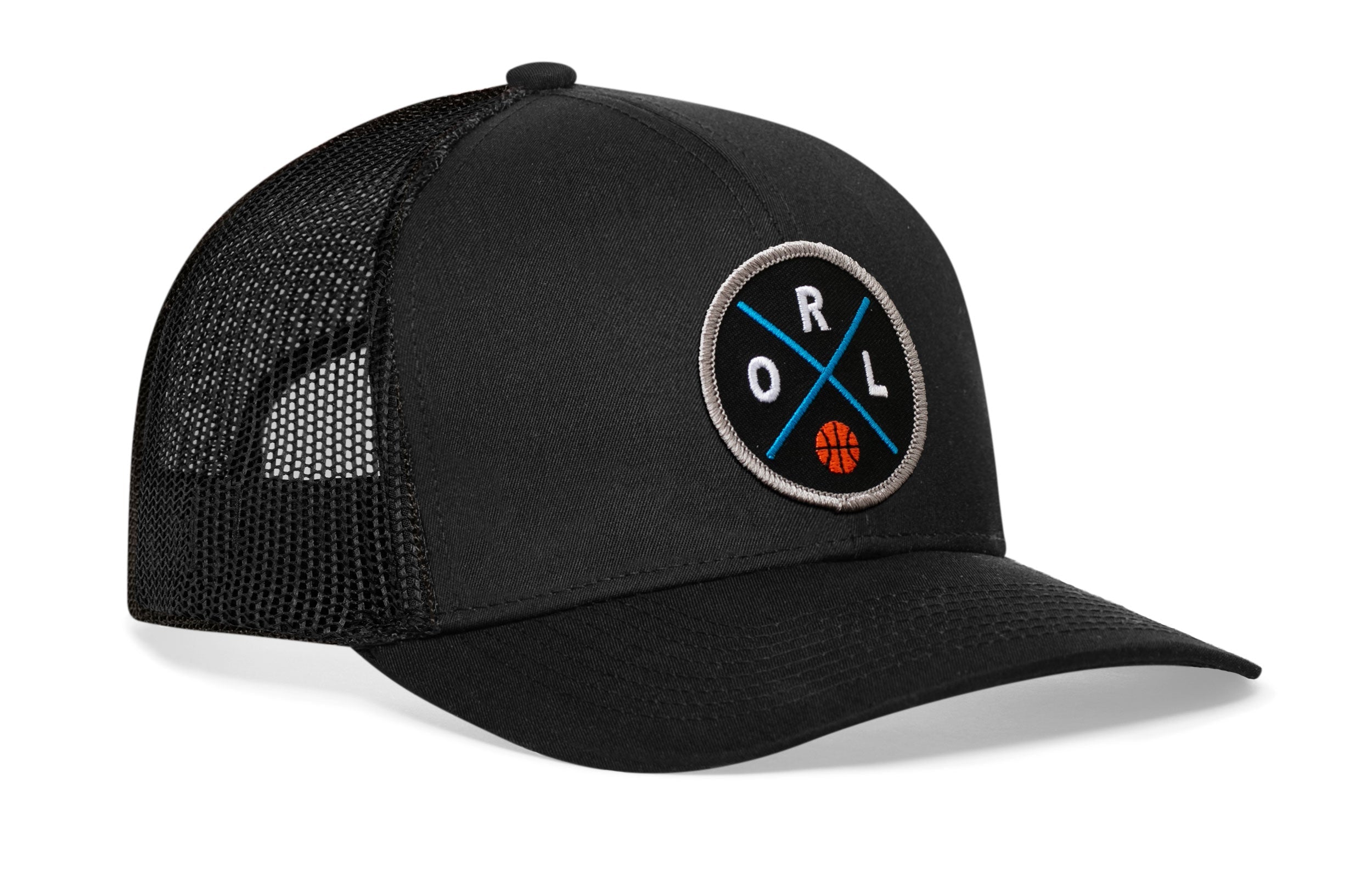 Black trucker hat with circular RL logo patch and black mesh side panels.