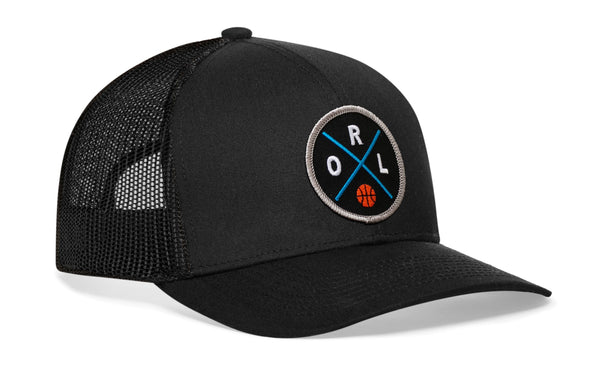Black trucker hat with circular RL logo patch and black mesh side panels.