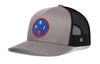 Gray trucker hat with front basketball logo patch and black mesh side panels