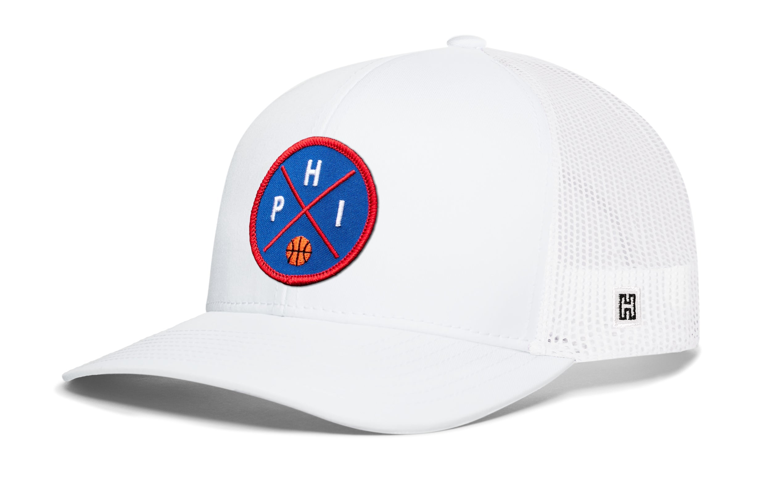 White trucker hat with front basketball logo patch, mesh sides, and small H emblem