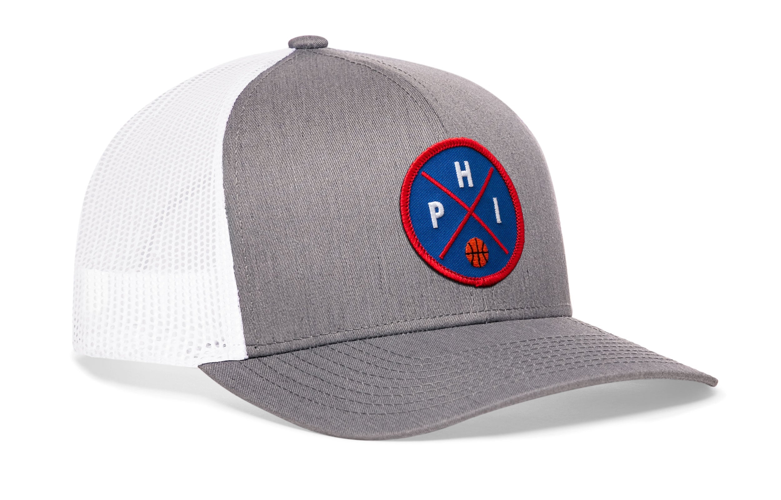 Light gray trucker hat with basketball logo patch and white mesh side panels