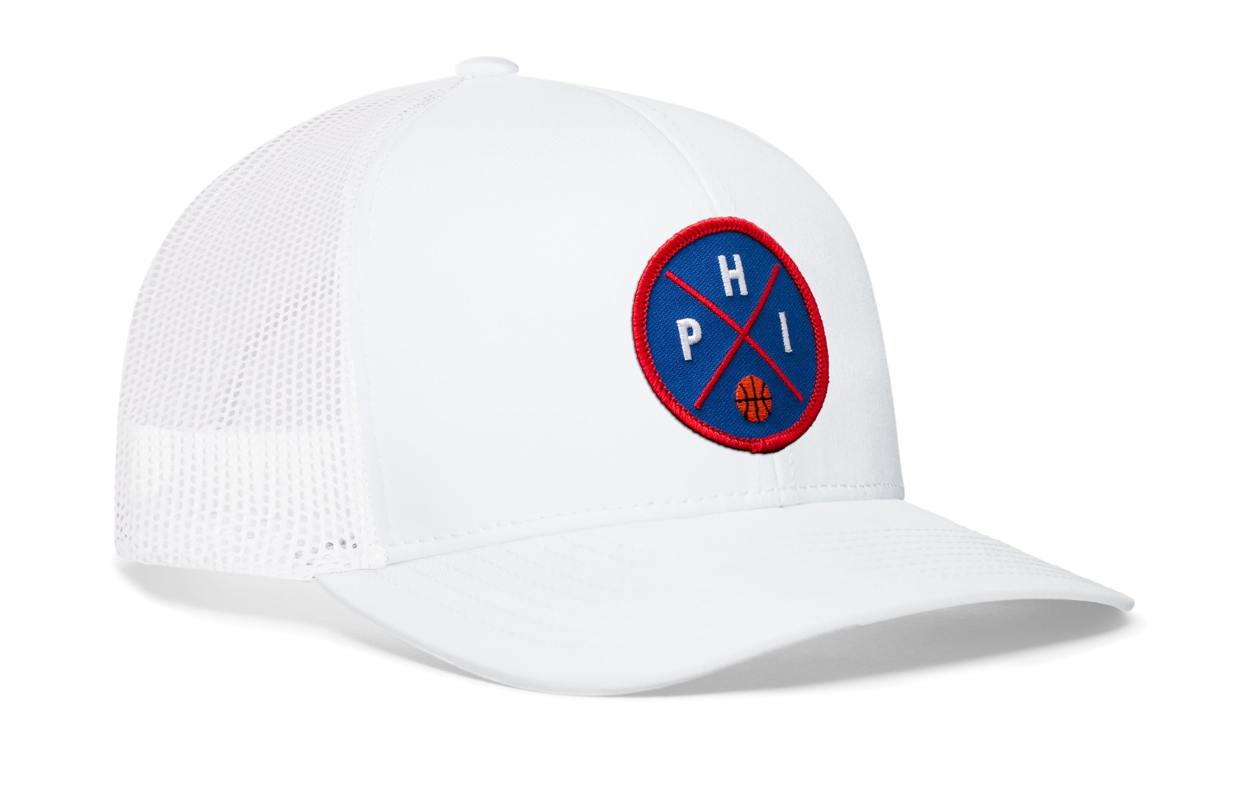 White trucker hat with front basketball logo patch and mesh sides, small H emblem