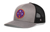Gray front trucker hat with basketball logo patch and black mesh side panels