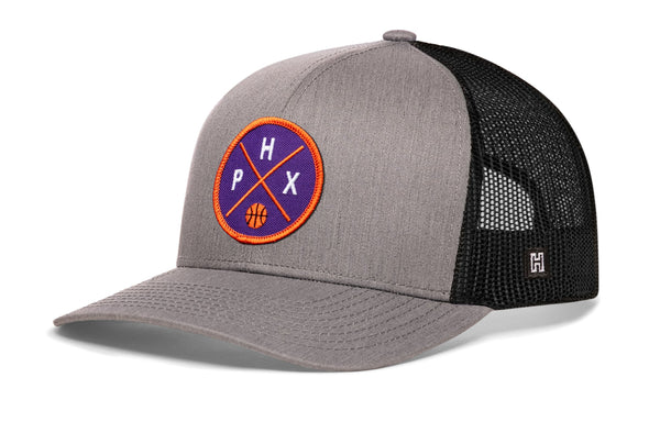 Gray front trucker hat with basketball logo patch and black mesh side panels