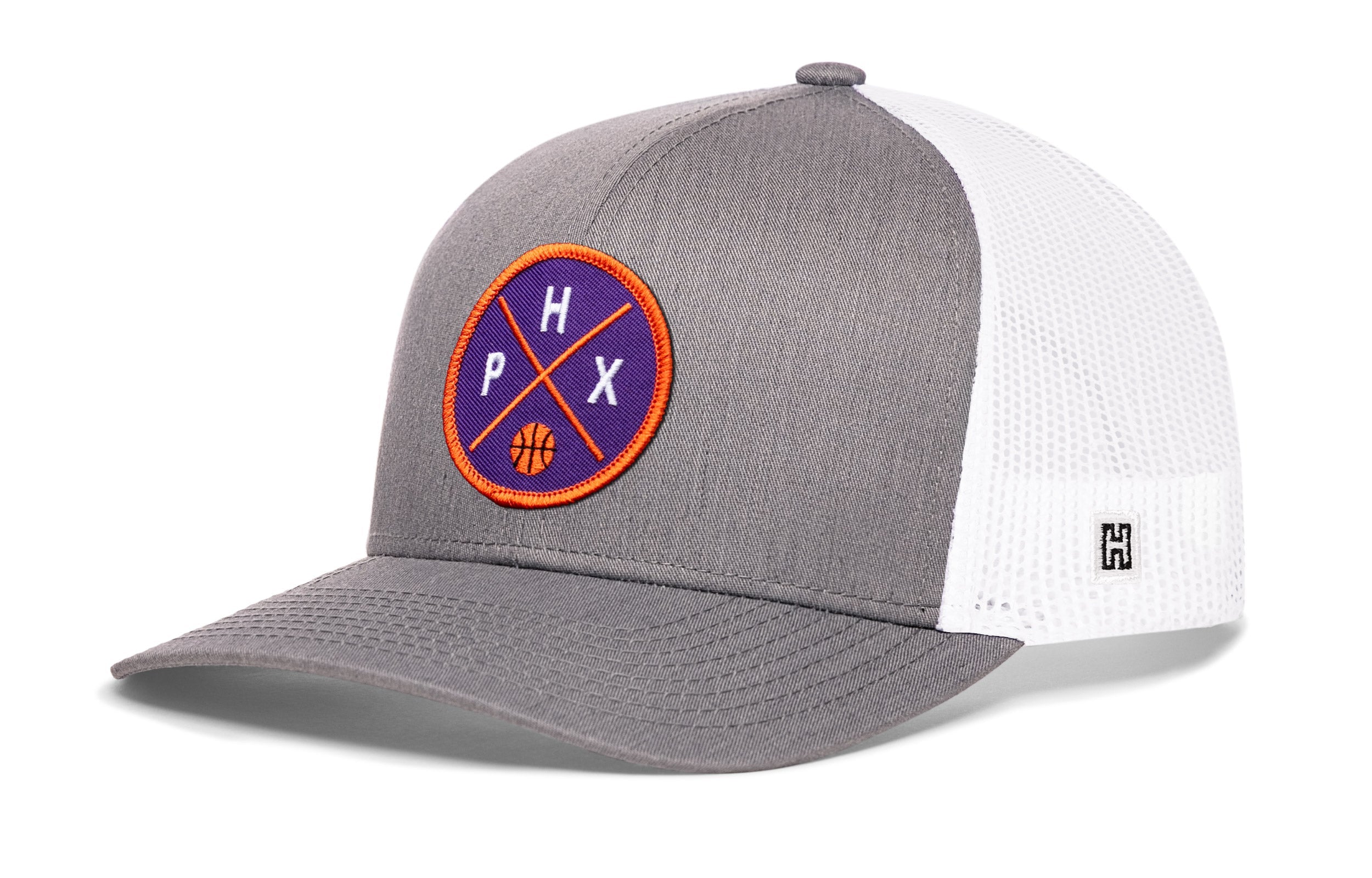 Gray front trucker hat with basketball logo patch and white mesh side panels