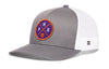 Gray front trucker hat with basketball logo patch and white mesh side panels