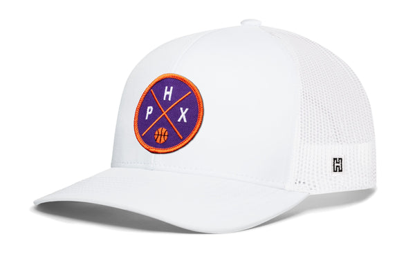White trucker hat with front basketball logo patch and white mesh side panels
