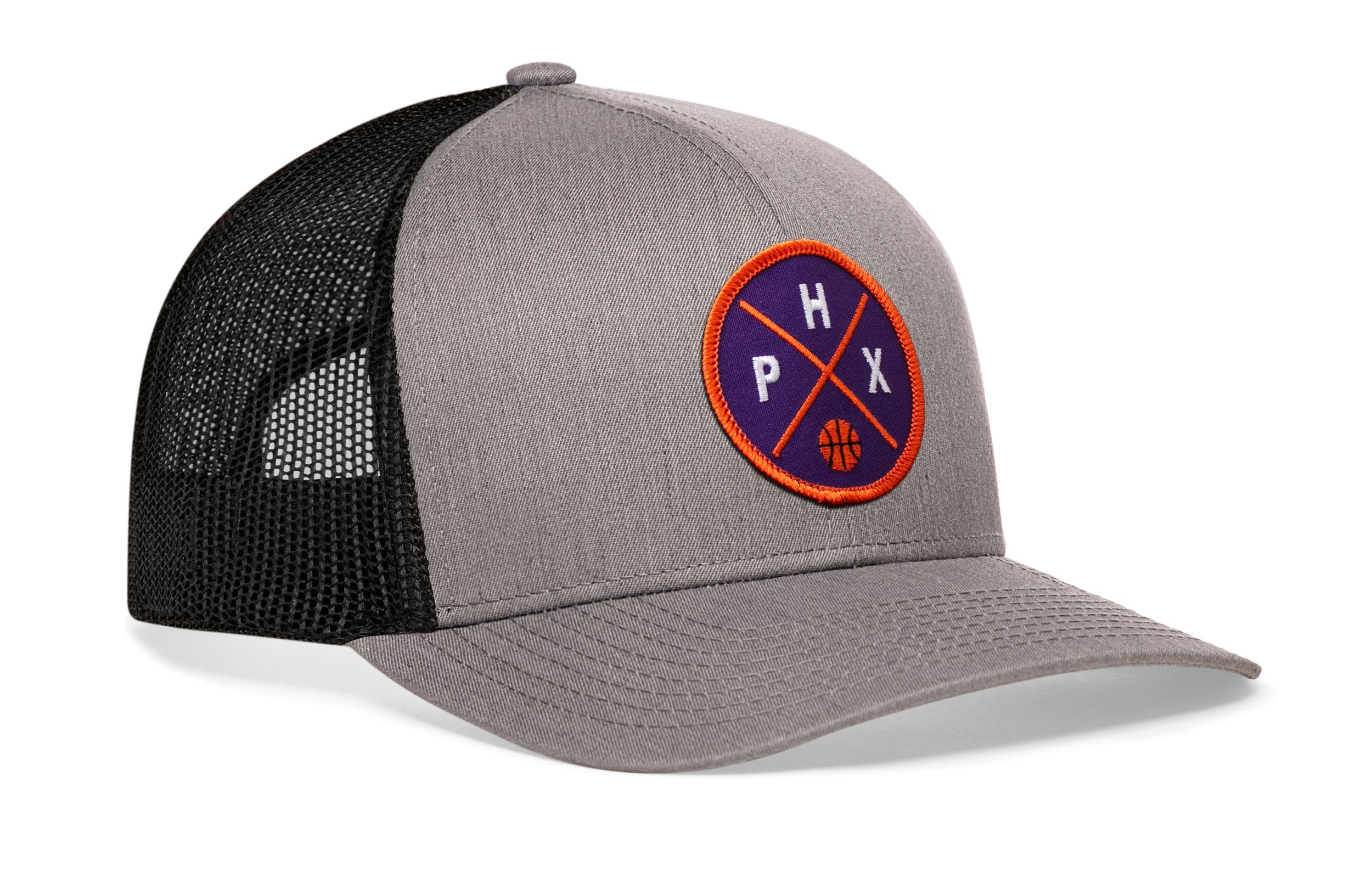 Gray front trucker hat with basketball logo patch and black mesh back
