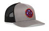 Gray front trucker hat with basketball logo patch and black mesh back