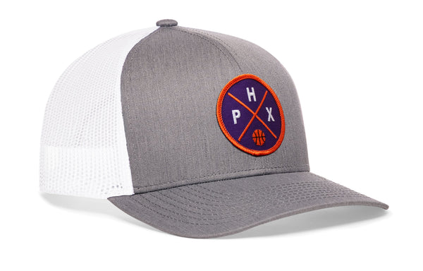 Gray front trucker hat with basketball logo patch and white mesh back