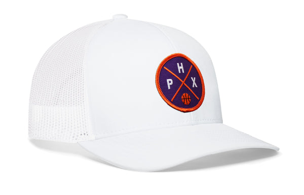 White trucker hat with basketball logo patch on the side and white mesh back