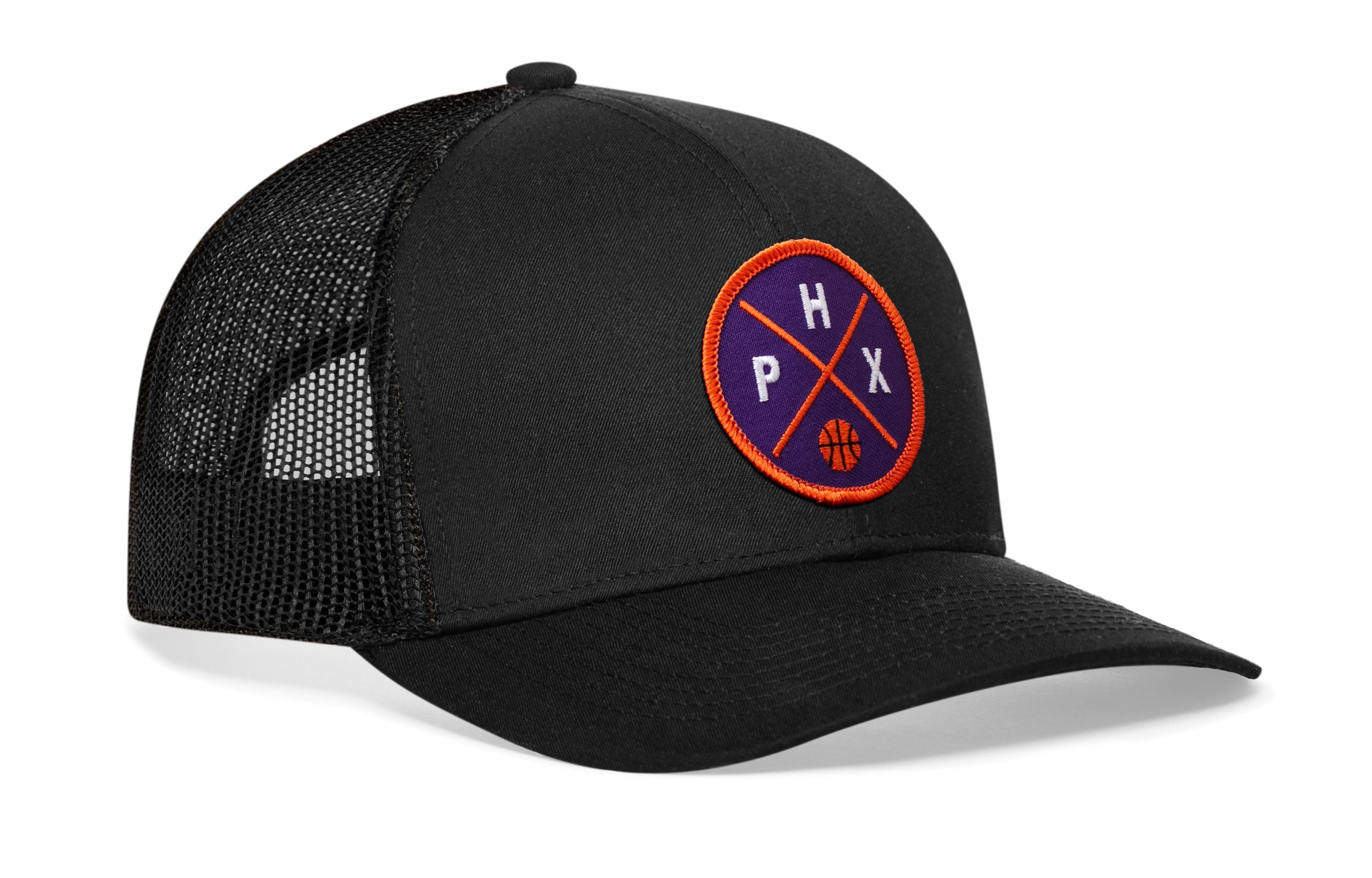 Black trucker hat with basketball logo patch on the side and black mesh back