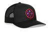 Black trucker hat with basketball logo patch on the side and black mesh back