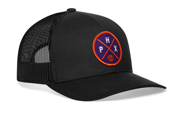 Black trucker hat with basketball logo patch on the side and black mesh back