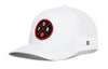 White trucker cap with red circular front logo, small H patch, and mesh back; snapback.