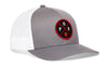 Gray-and-white trucker cap with red circular front logo and mesh side panels; curved brim.