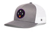 Gray and white basketball trucker hat with mesh back and purple circle logo on front, side H patch