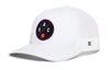 White basketball trucker hat with mesh back and purple circle logo on front