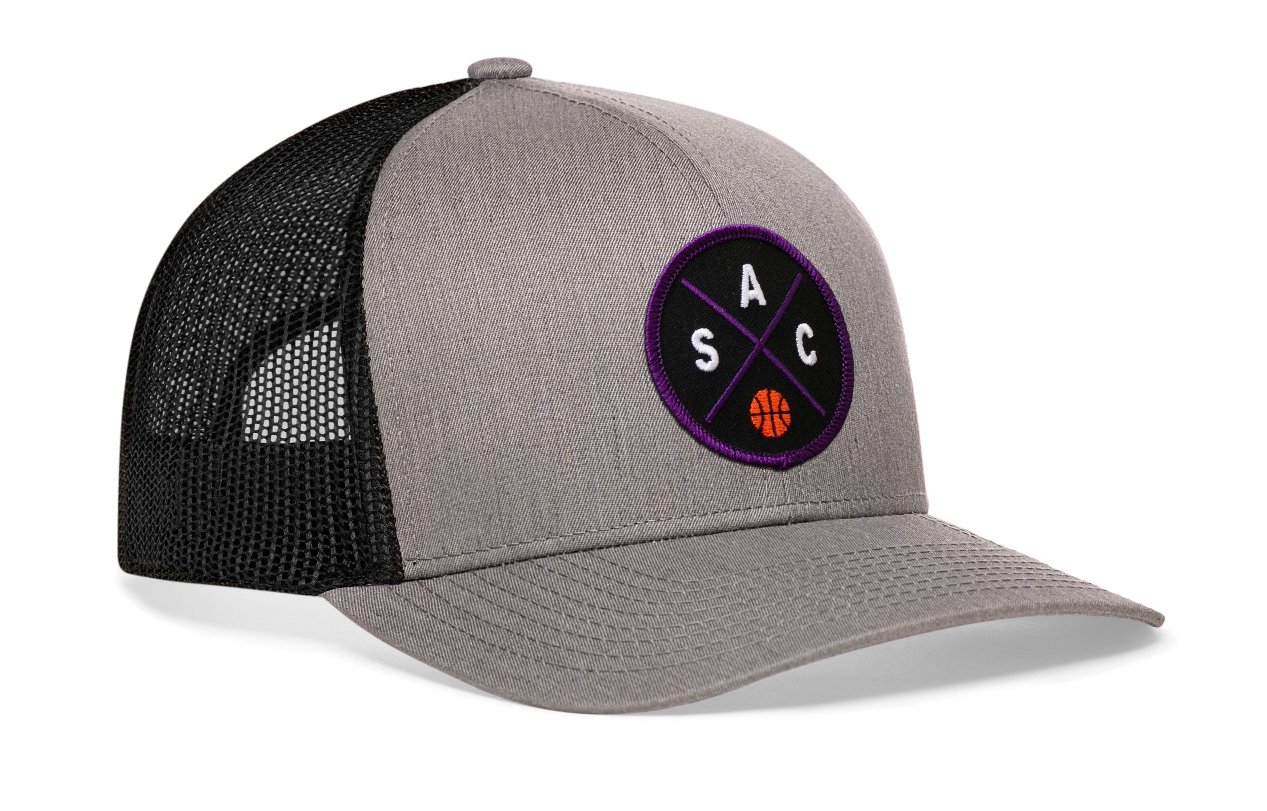 Gray and black basketball trucker hat with mesh back and purple circle logo on front