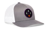 Gray and white basketball trucker hat with mesh back and purple circle logo on front