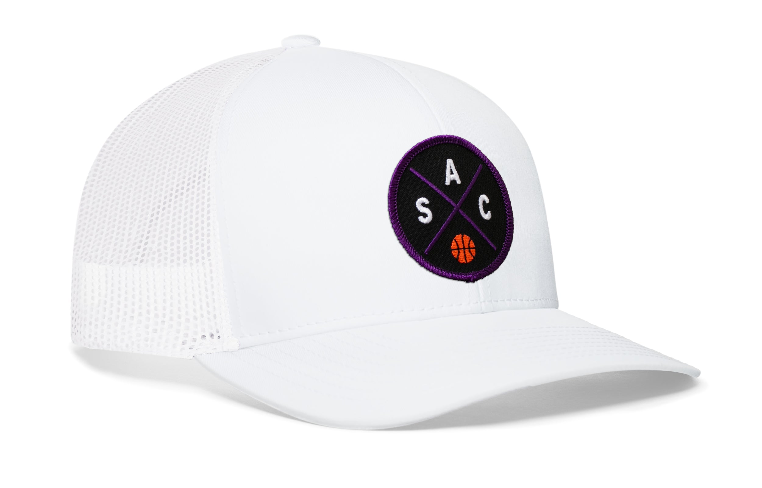 White basketball trucker hat with mesh back and purple circle logo on front, side H patch
